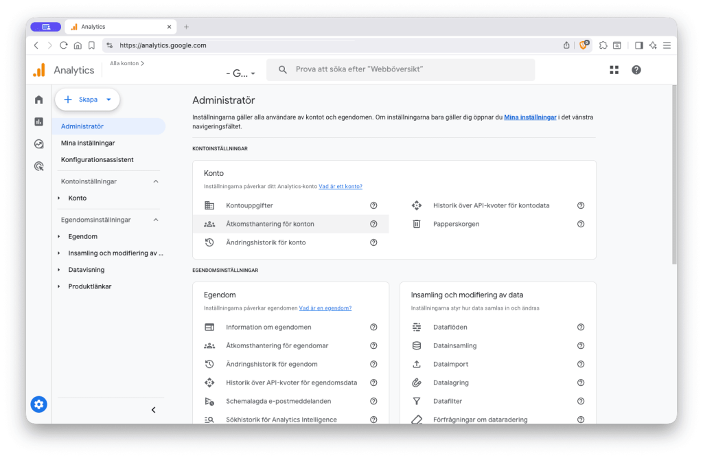 Administratörsvyn i Google Analytics med menyvalet Åtkomsthantering för konton markerat.