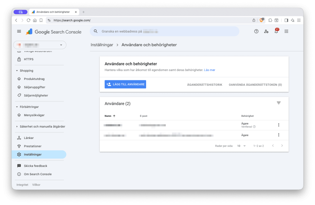 Sidan Användare och behörigheter i Search Console med knappen Lägg till användare.