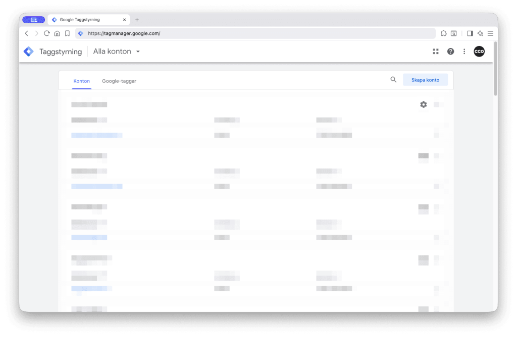 Kontolistan i Google Tag Manager efter inloggning.