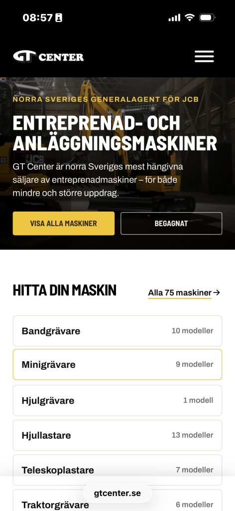 Kategorisidan för entreprenad och anläggning med maskiner presenterade i rutnät