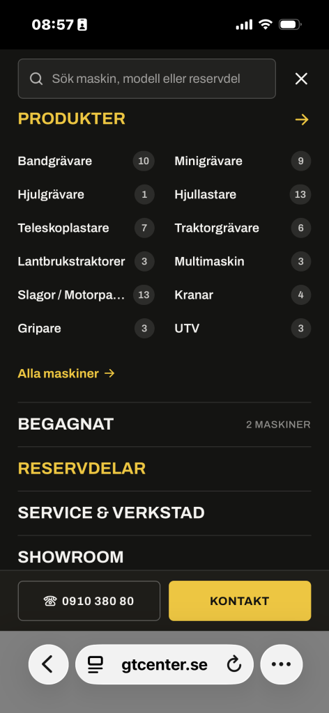 Produktmenyn i mobilen, där hela sortimentet nås med tummen