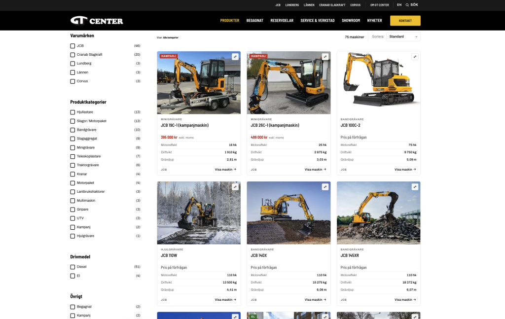 Produktlistan där maskiner går att filtrera på varumärke och kategori