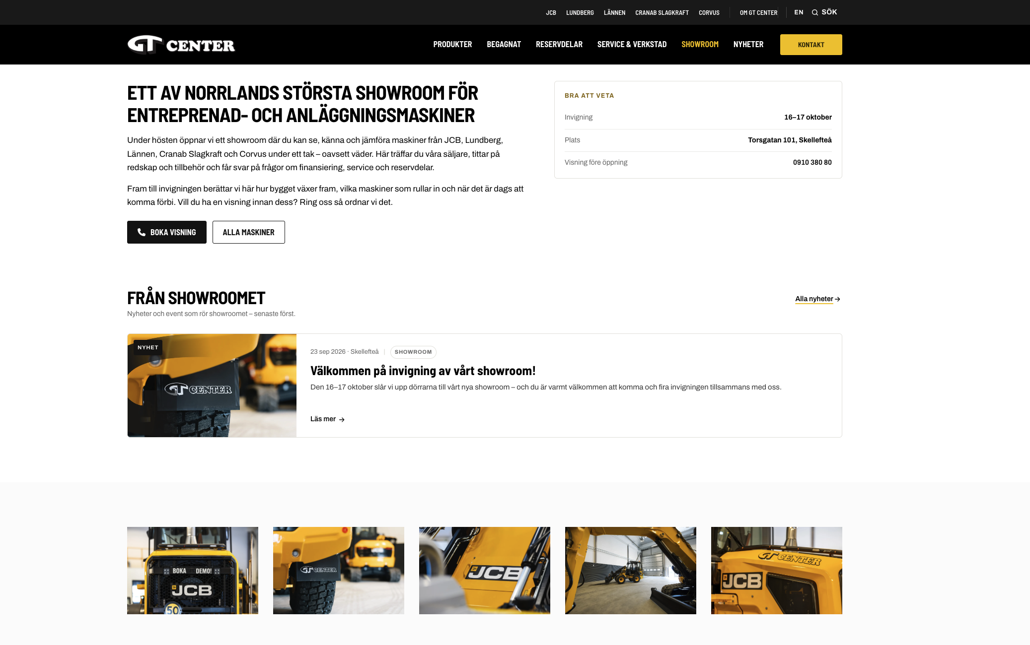 Sidan för GT Centers nya showroom för entreprenadmaskiner