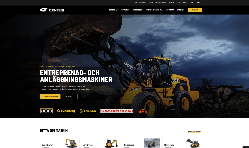 GT Centers startsida med sökbar produktingång och tydlig navigering till maskinsortimentet