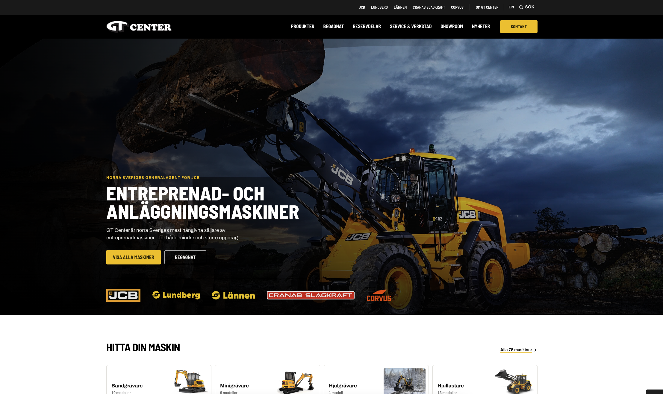 GT Centers startsida med sökbar produktingång och tydlig navigering till maskinsortimentet