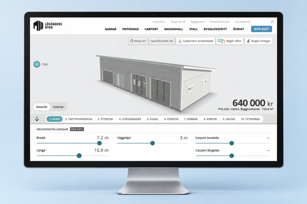 Byggkonfiguratorn där besökaren ritar sin byggnad i 3D och ser priset uppdateras direkt