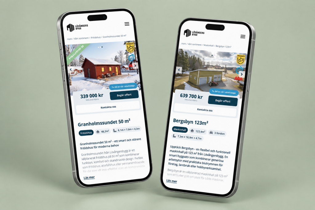 Två produktsidor i mobilen, ett fritidshus och en maskinhall, med pris och knapp för offertförfrågan