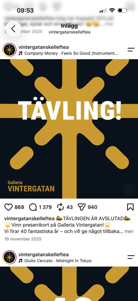 Instagraminlägg om jubileumstävlingen, med drygt 800 gillningar och över 1 300 kommentarer
